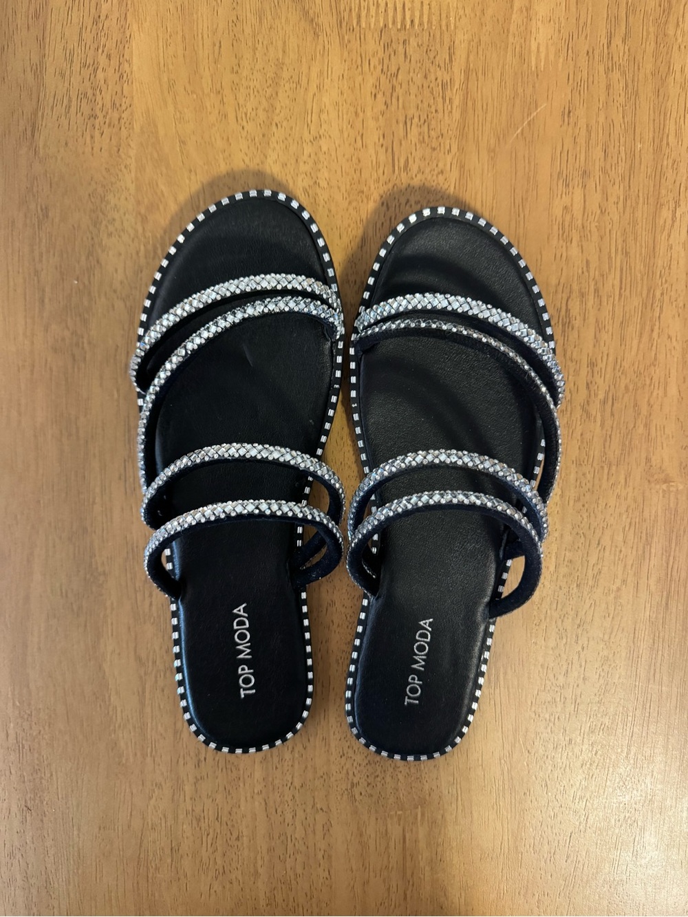 TOP Moda Black Slide Sandals with Silver Crystal Straps